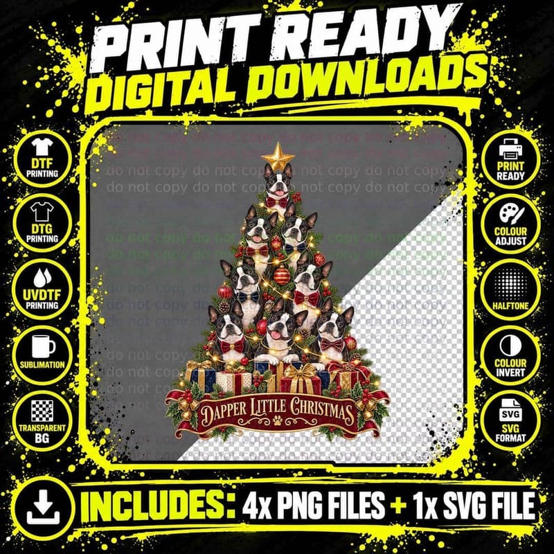 Boston Terrier Dapper Little Christmas Vintage Bow Tie Png SVG Digital Bundle