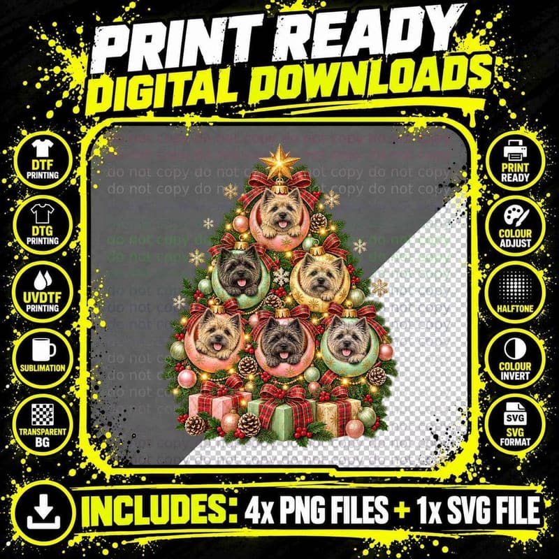 Cairn Terrier Christmas Tree Puppies In Pink Baubles Tartan Bows Dog T-Shirt Png SVG Digital Bundle