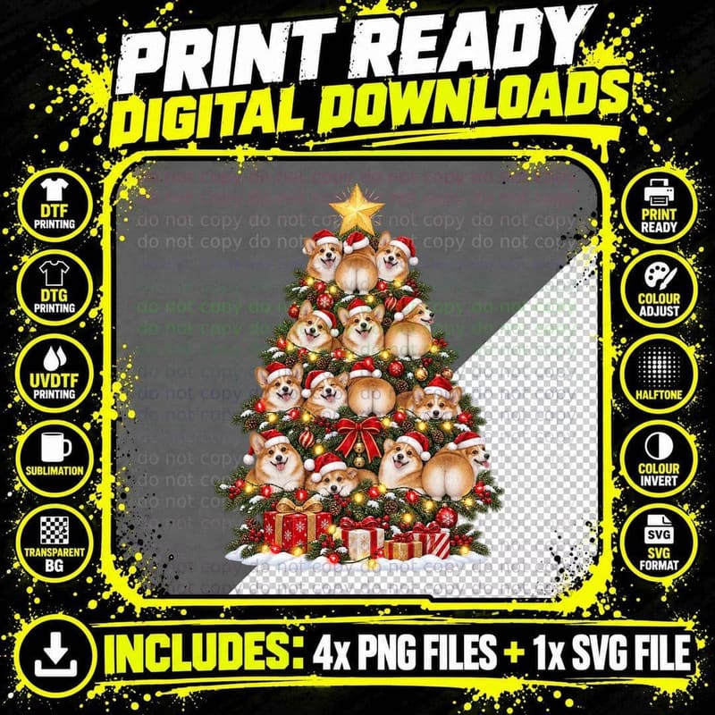 Corgi Christmas Tree Watercolor Dog Mom Holiday Pet Png SVG Digital Bundle