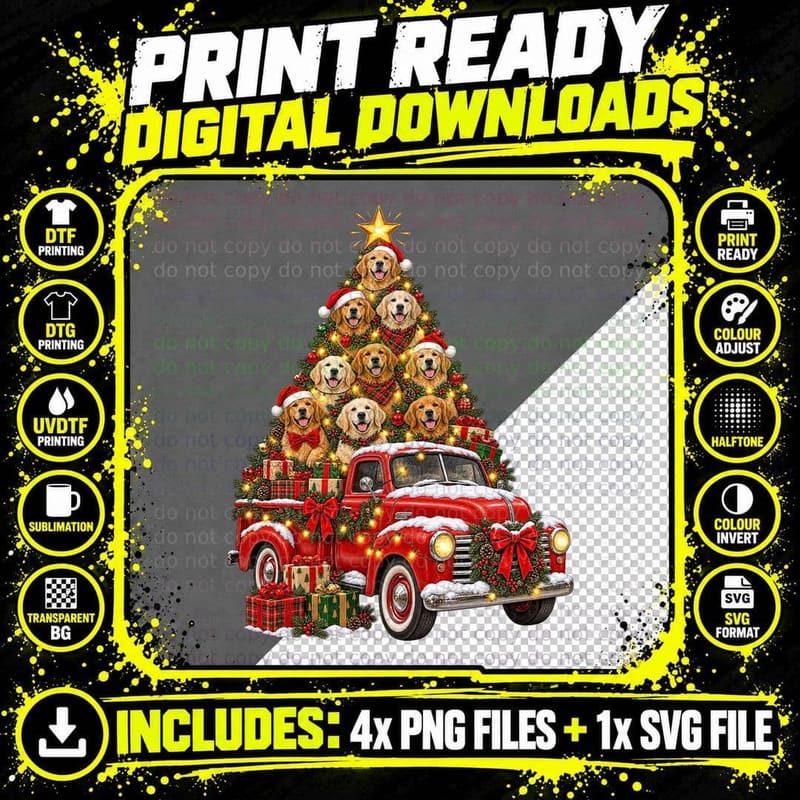 Golden Retriever Vintage Truck Christmas Dog Lover Retro Png SVG Digital Bundle