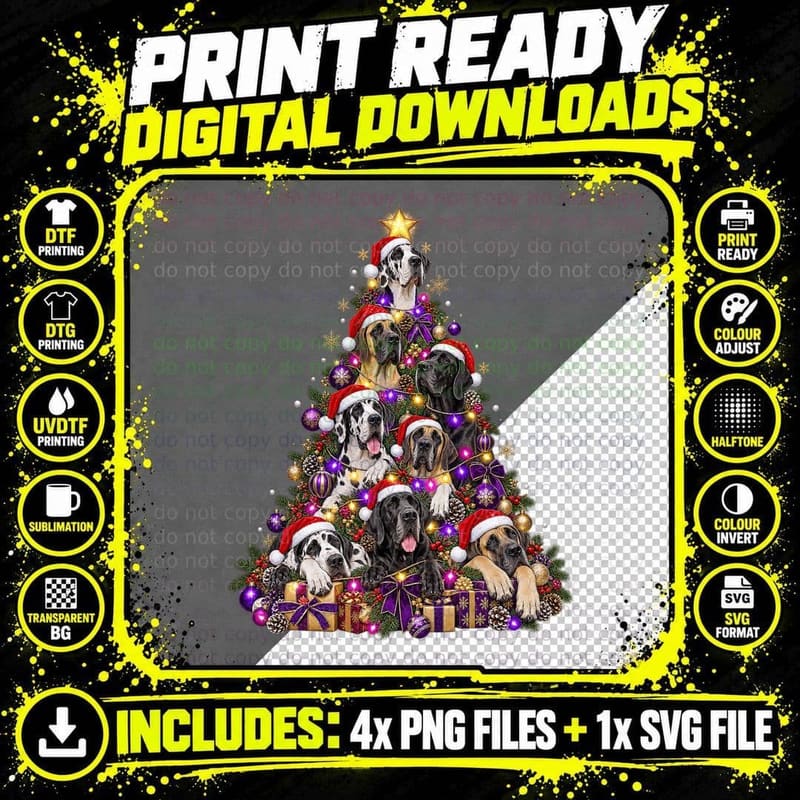 Great Dane Christmas Harlequin Fawn Dog Mom Holiday Dog Png SVG Digital Bundle