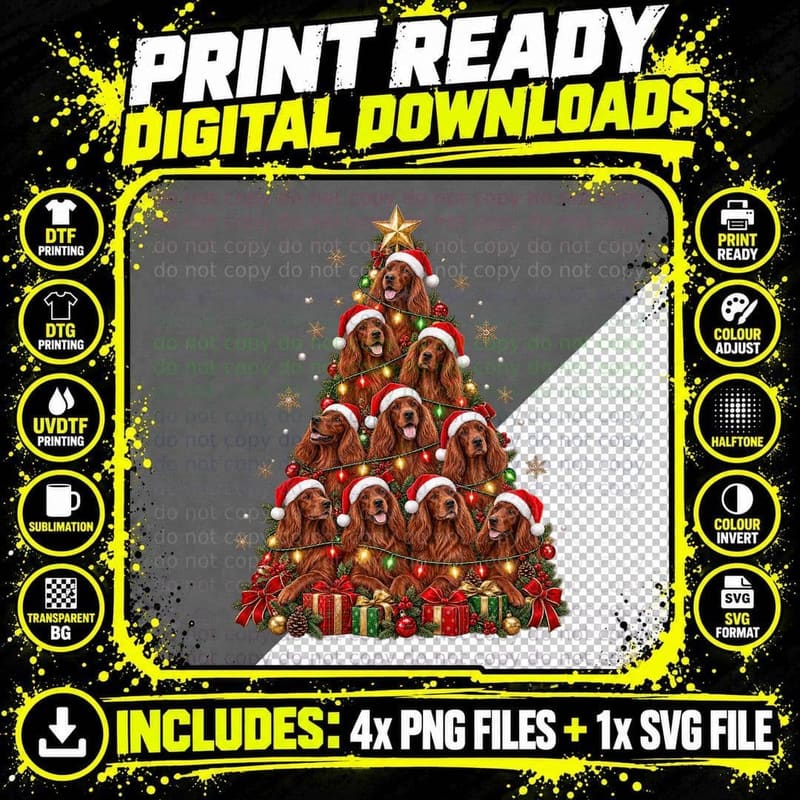 Irish Setter Christmas Tree Red Setter Dog Lover Holiday Png SVG Digital Bundle