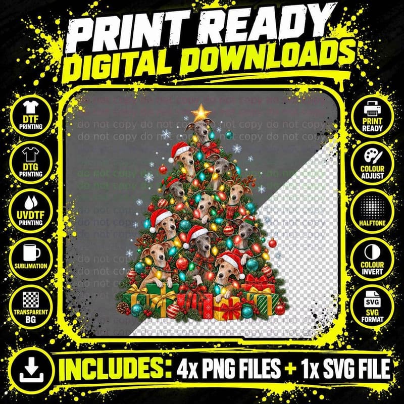 Italian Greyhound Christmas Tree Light Chaos Funny Dog Png SVG Digital Bundle