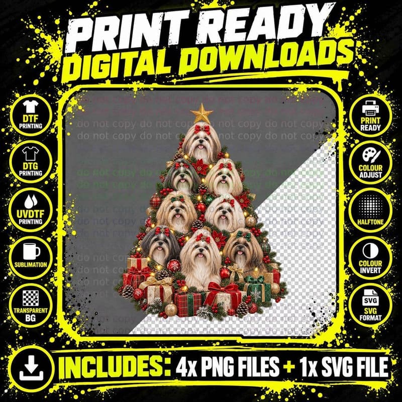 Lhasa Apso Christmas Tree Long Haired Puppies Red Bows Poinsettias T-Shirt Png SVG Digital Bundle