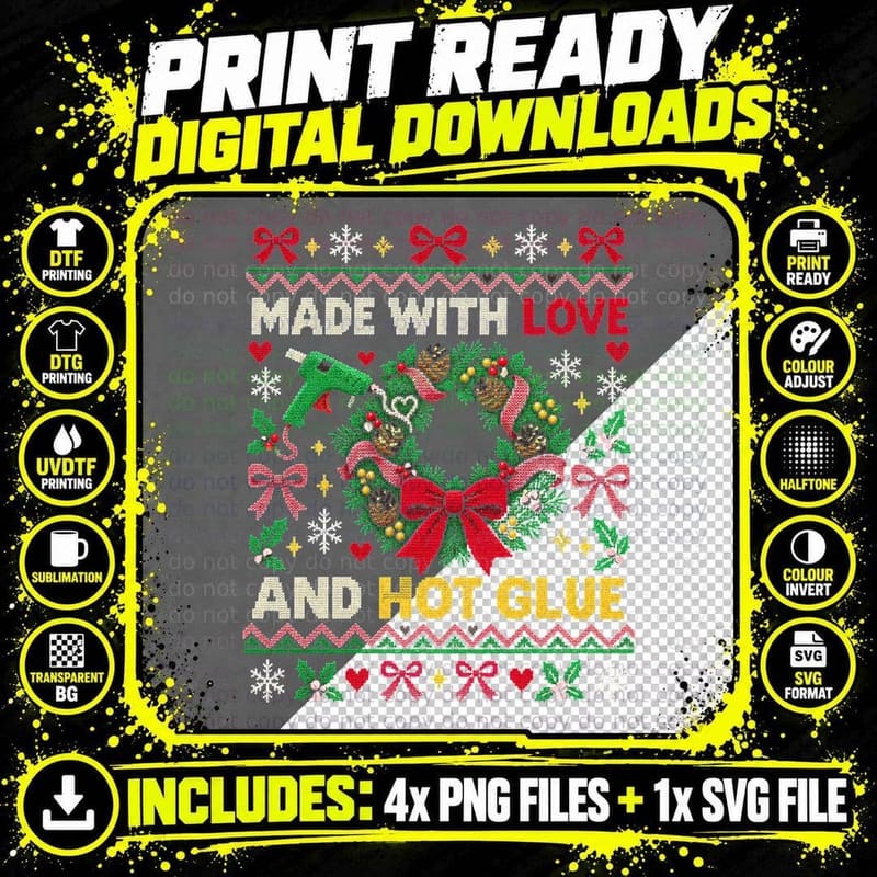 Made With Love and Hot Glue Christmas Ugly Sweater Png SVG Digital Bundle