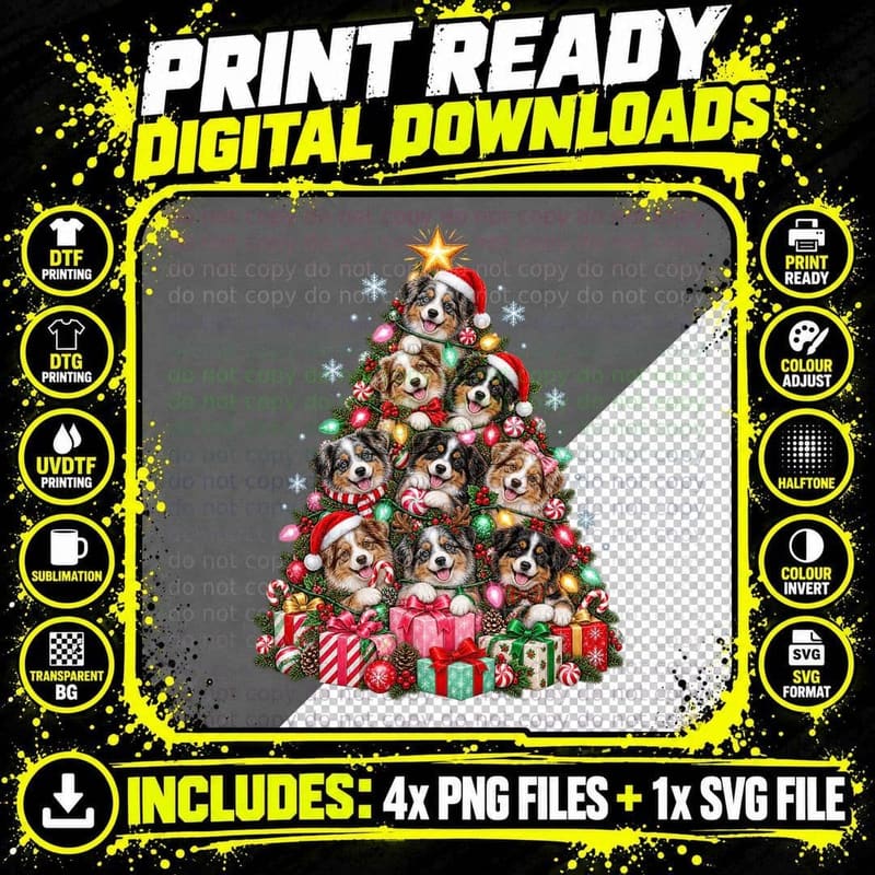 Mini Australian Shepherd Christmas Puppies Mini Aussie Png SVG Digital Bundle
