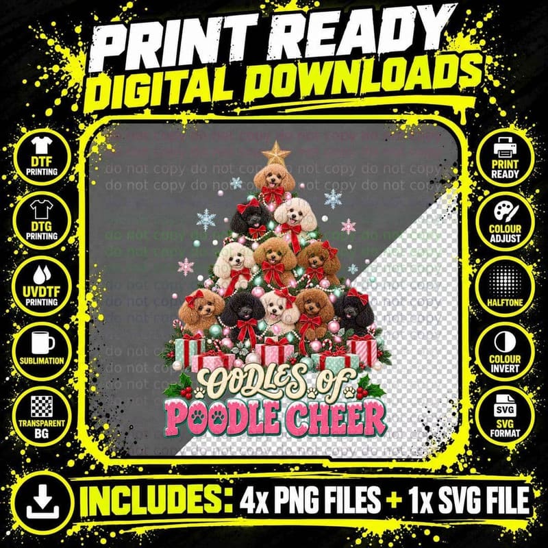 Oodles Of Poodle Cheer Christmas Tree Apricot Black Puppies Pink Bows T-Shirt Png SVG Digital Bundle