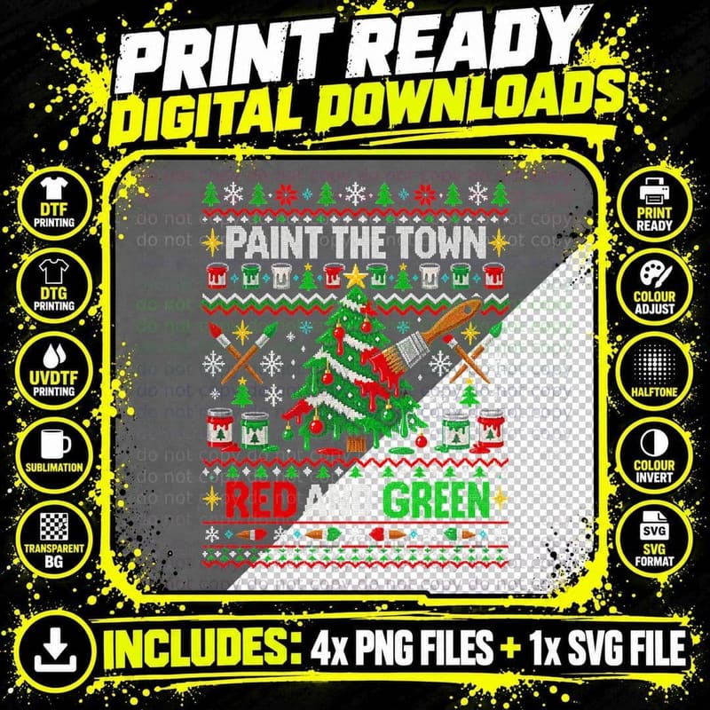 Paint the Town Red and Green Christmas Ugly Sweater Png SVG Digital Bundle