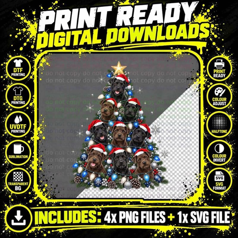Patterdale Terrier Christmas Santa Hat Black Dog Holiday Png SVG Digital Bundle