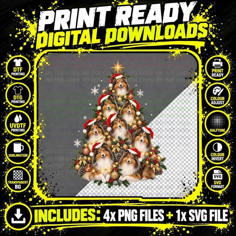 Sable Sheltie Christmas Tree Santa Hat Watercolor Png SVG Digital Bundle