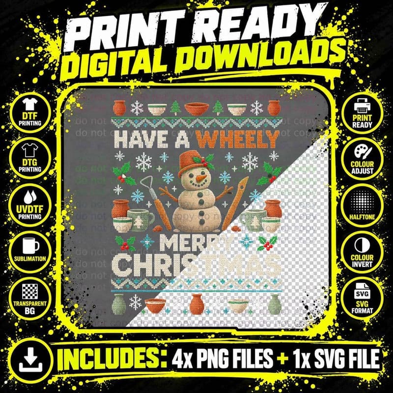 Wheely Merry Christmas Ugly Sweater Clay Snowman Pottery Png SVG Digital Bundle