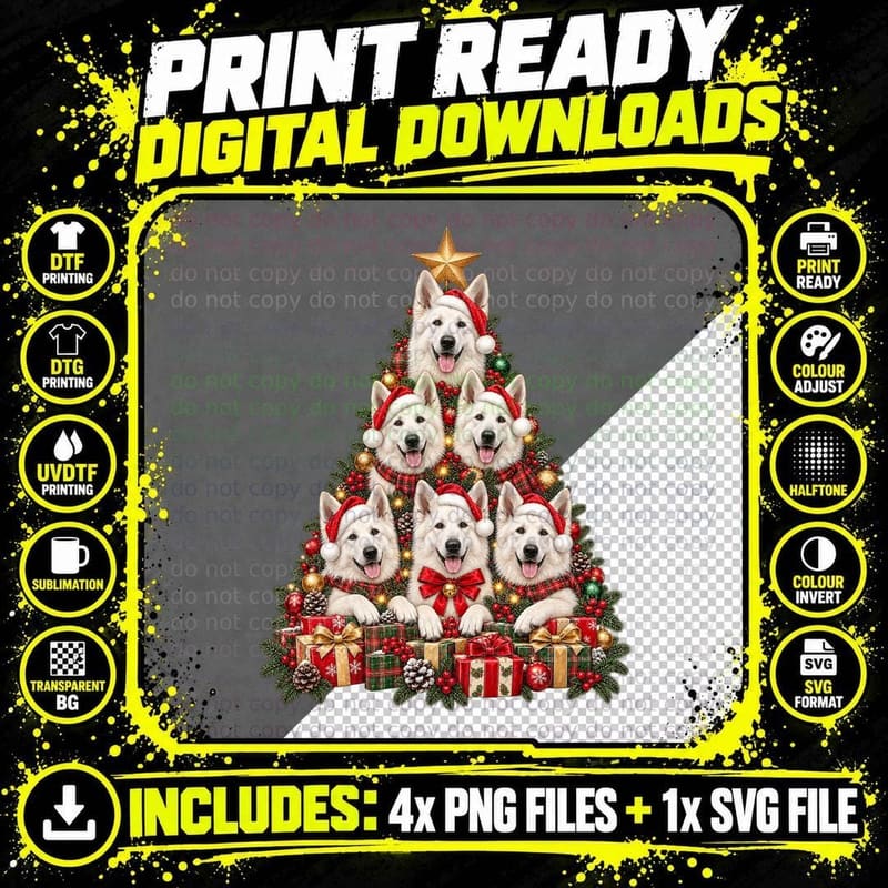 White German Shepherd Christmas Tree Santa Hat Png SVG Digital Bundle