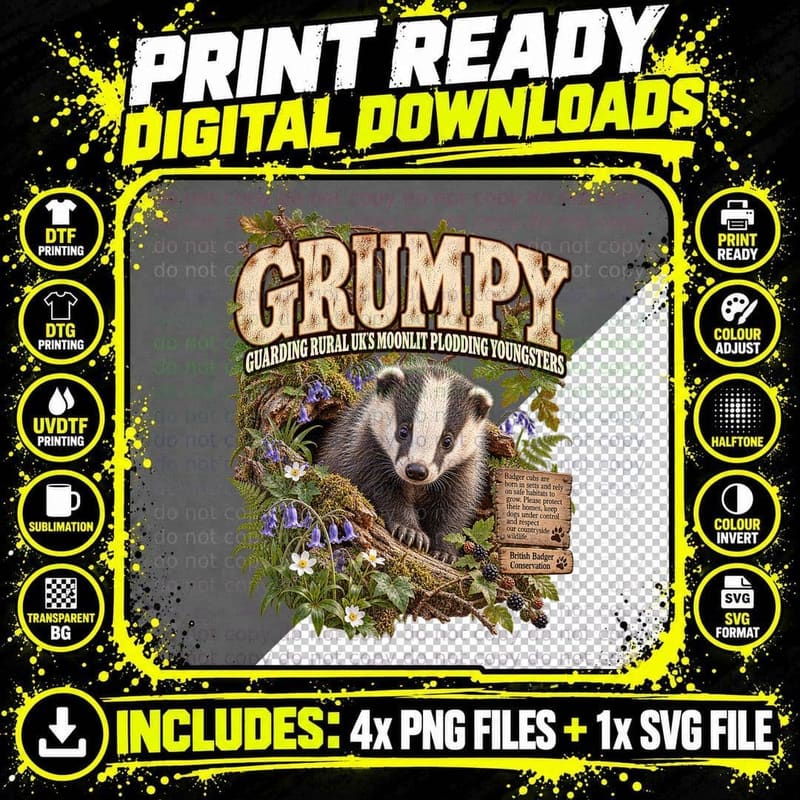 Grumpy Badger Cub Funny British Woodland Wildlife Charity Parody T-Shirt Png SVG Digital Bundle