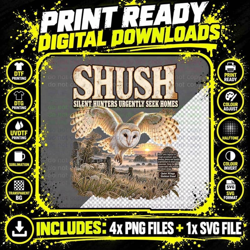 Shush Silent Hunters Urgently Seek Homes Funny Barn Owl Wildlife Parody T-Shirt Png SVG Digital Bundle