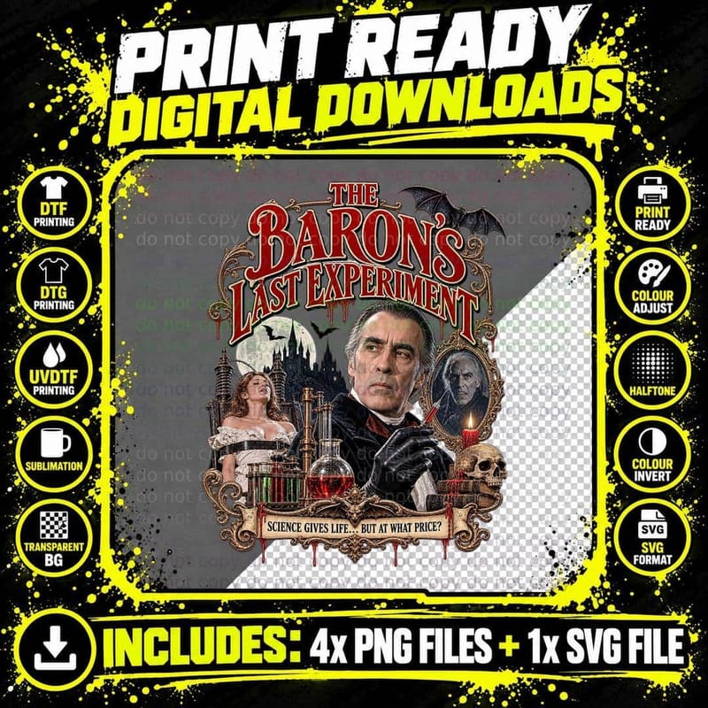 Peter The Baron's Last Experiment Frankenstein 70s Gothic Horror Film T-Shirt Png SVG Digital Bundle