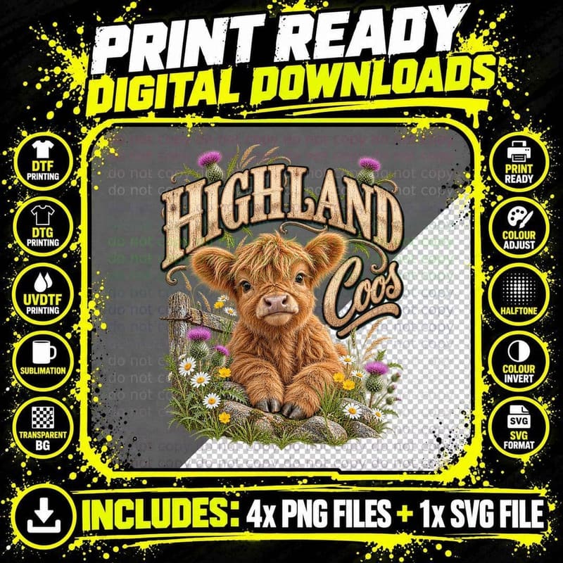 Highland Coos Cute Fluffy Cow Calf Scottish Thistle Heather Vintage T-Shirt Png SVG Digital Bundle