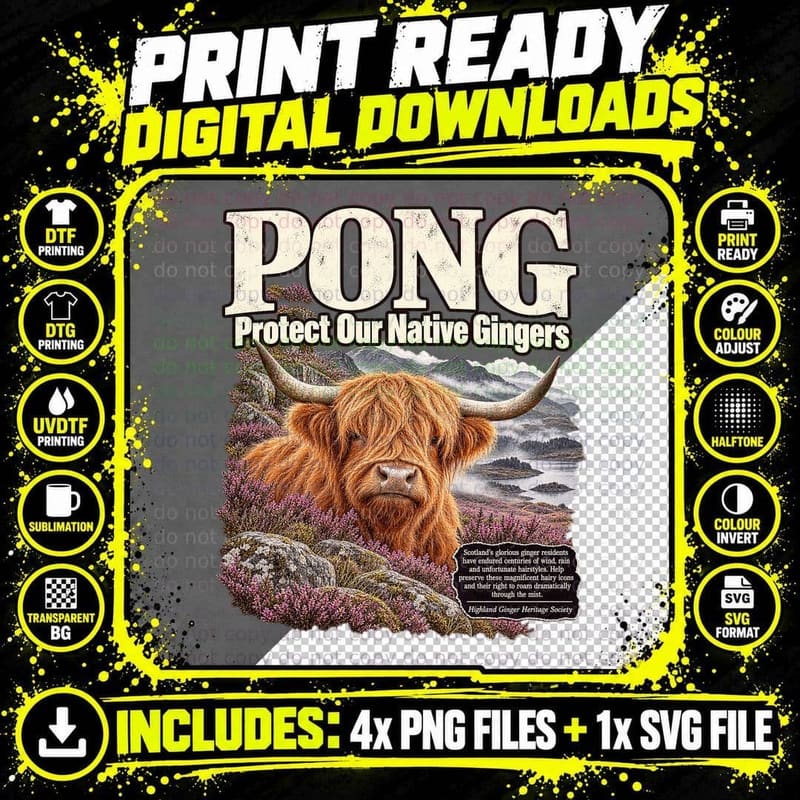 Pong Funny Ginger Highland Coo Scotland Cattle Charity Parody Vintage T-Shirt Png SVG Digital Bundle