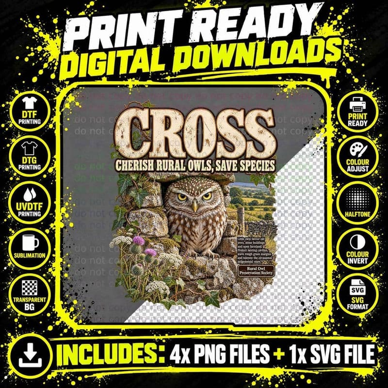 Cross Cherish Rural Owls Save Species Funny Little Owl Farmland Parody T-Shirt Png SVG Digital Bundle