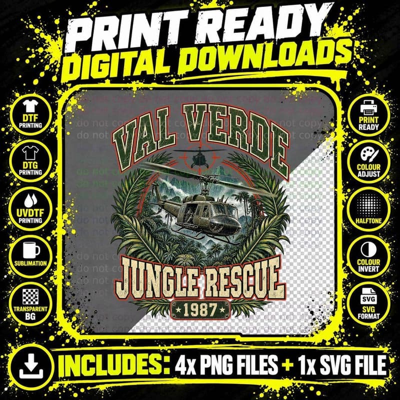 Predator Retro T-Shirt, Val Verde Jungle Rescue 1987 Png SVG Digital Bundle