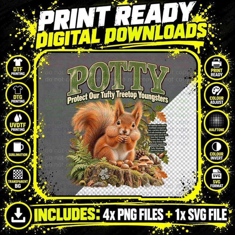 Potty Protect Our Tufty Treetop Youngsters Funny Red Squirrel Parody T-Shirt Png SVG Digital Bundle