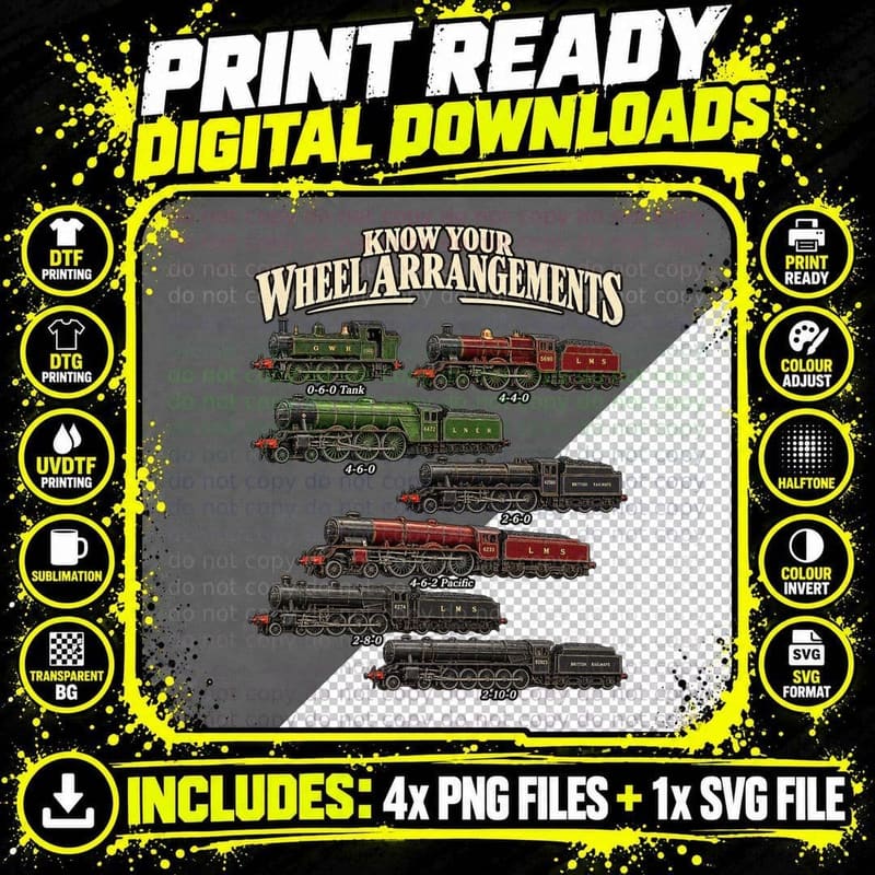 Steam Train Wheel Arrangements Vintage Railway Png SVG Digital Bundle
