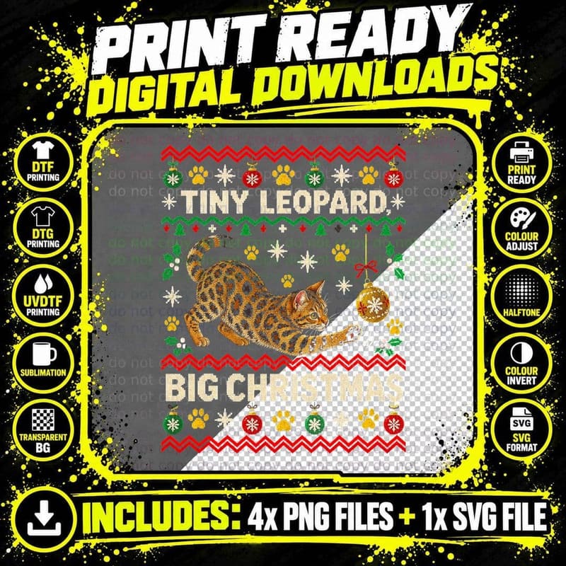 Bengal Cat Christmas Ugly Sweater Bauble Hunter Big Cat Png SVG Digital Bundle