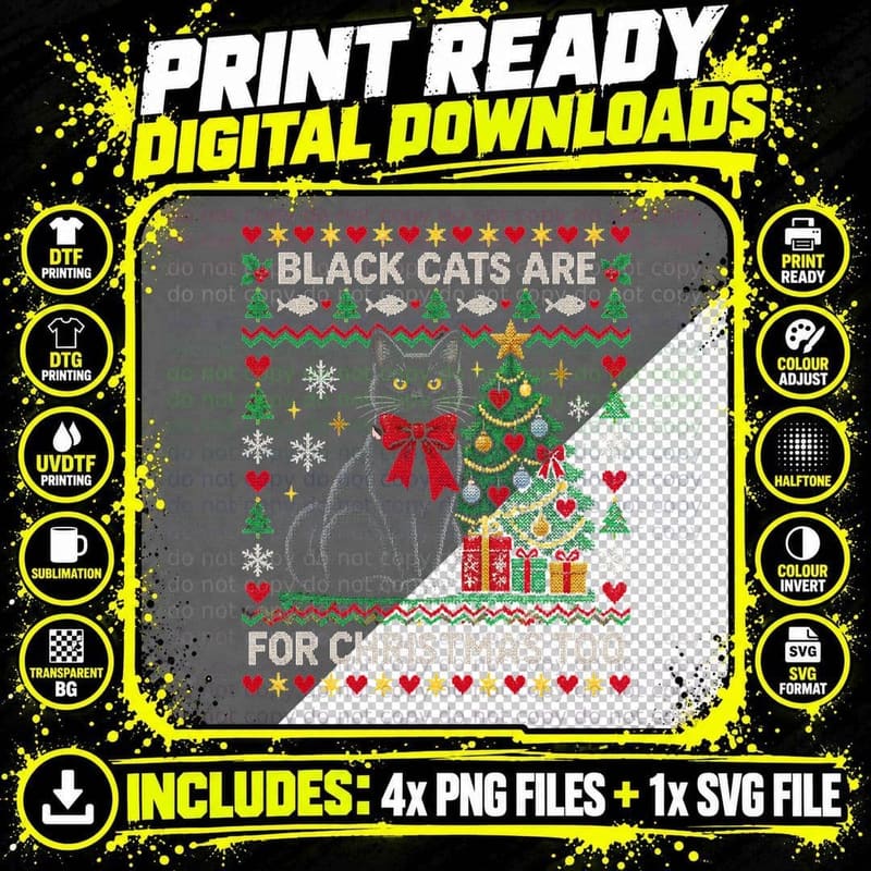Black Cat Christmas Ugly Sweater Christmas Tree Cat Png SVG Digital Bundle