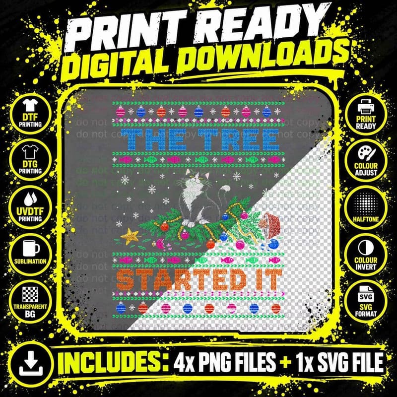 Black and White Cat Christmas Ugly Sweater Tree Funny Png SVG Digital Bundle