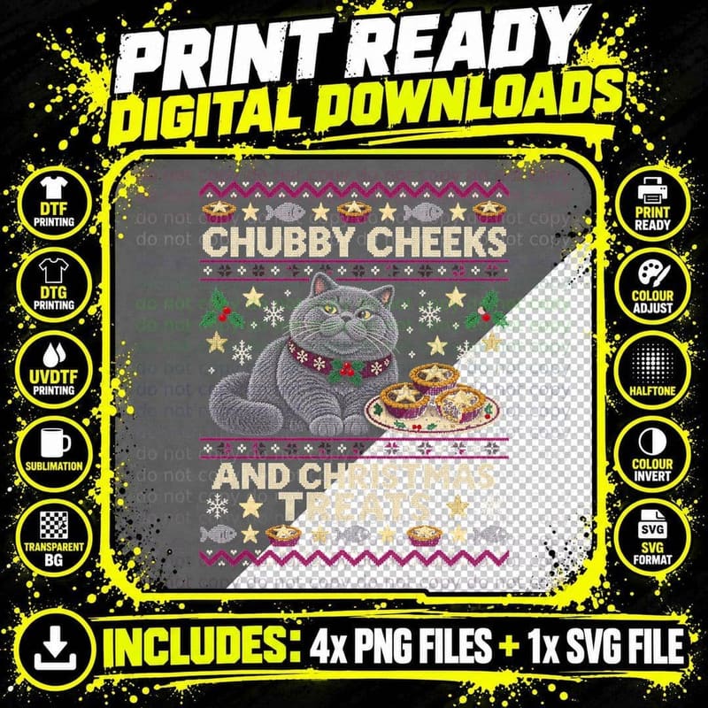 British Shorthair Cat Christmas Ugly Sweater Mince Pies Png SVG Digital Bundle