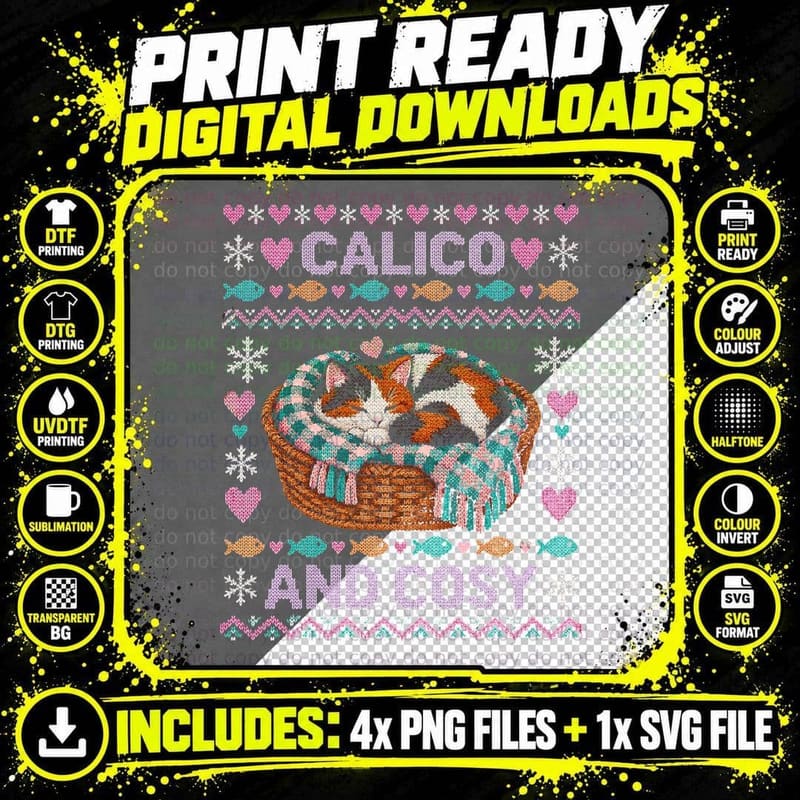 Calico Cat Christmas Ugly Sweater Cosy Basket Cat Lover Png SVG Digital Bundle