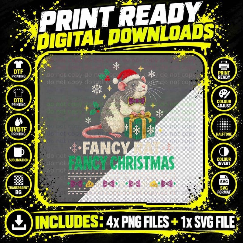 Fancy Rat Christmas Ugly Sweater Pet Rat Lover Gift Png SVG Digital Bundle