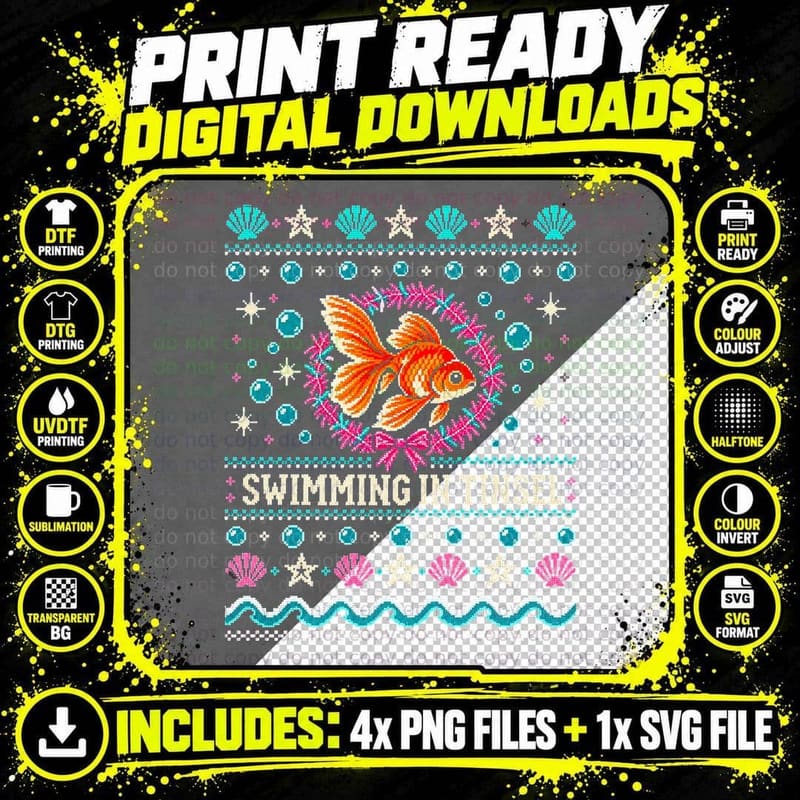 Goldfish Christmas Ugly Sweater Swimming in Tinsel Fish Png SVG Digital Bundle