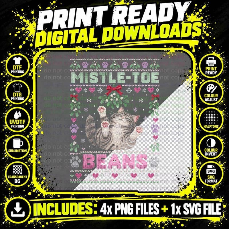 Grey Tabby Cat Christmas Ugly Sweater Mistletoe Beans Png SVG Digital Bundle