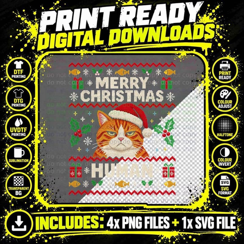 Grumpy Ginger Cat Christmas Ugly Sweater Santa Hat Funny Png SVG Digital Bundle