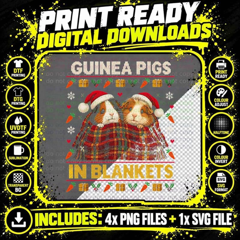 Guinea Pigs Ugly Christmas Sweater Cute Piggies in Png SVG Digital Bundle