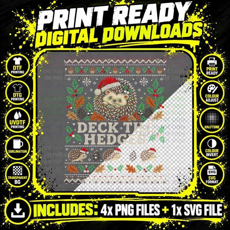 Hedgehog Christmas Ugly Sweater Deck the Hedges Funny Png SVG Digital Bundle