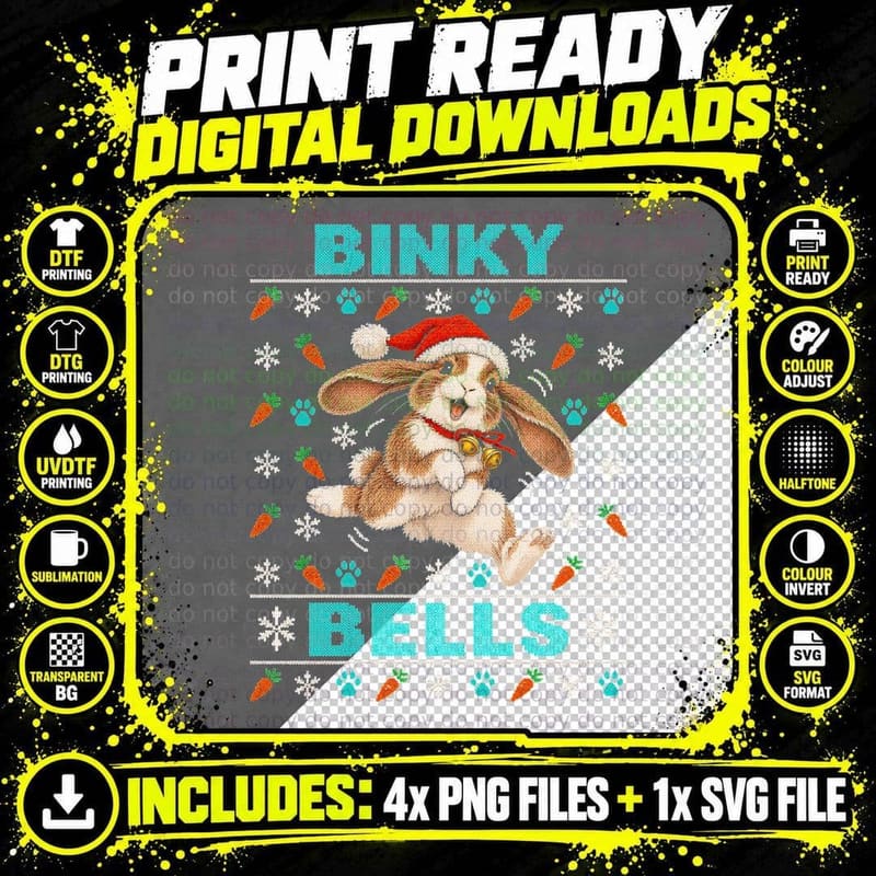 Lop Eared Bunny Ugly Christmas Sweater Binky Bells Png SVG Digital Bundle