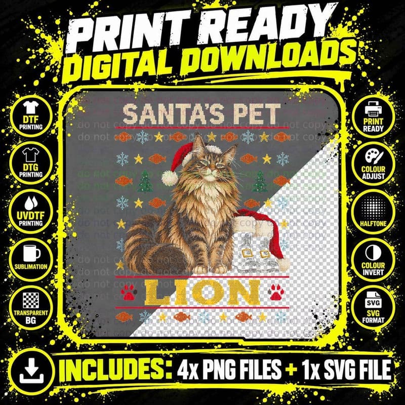 Maine Coon Ugly Christmas Sweater Santa Cat Lion Funny Png SVG Digital Bundle