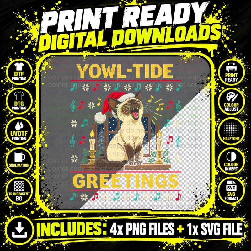Siamese Cat Ugly Christmas Sweater Yowl Tide Funny Png SVG Digital Bundle