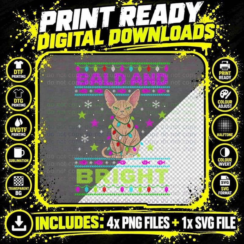 Sphynx Cat Christmas Ugly Sweater Bald and Bright Lights Png SVG Digital Bundle