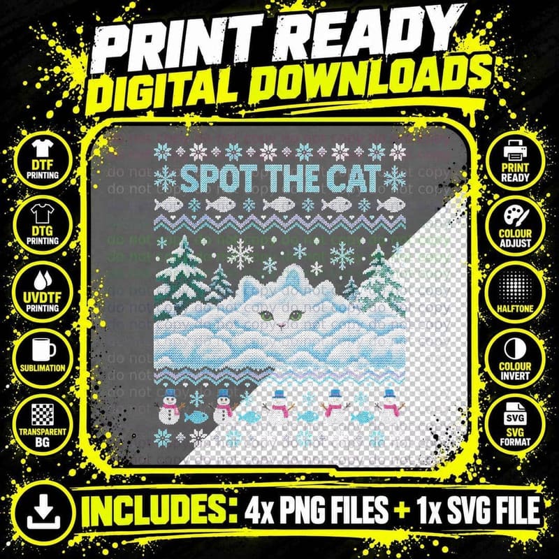 White Snow Cat Christmas Ugly Sweater Spot the Cat Funny Png SVG Digital Bundle
