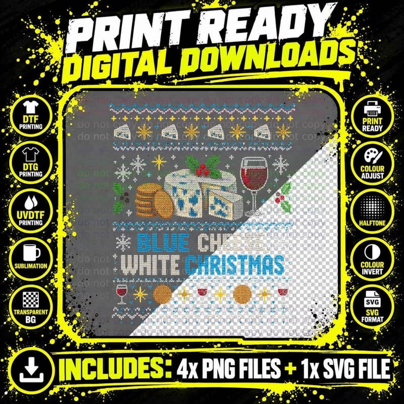 Blue Cheese Christmas Ugly Sweater Cheeseboard Lover Png SVG Digital Bundle