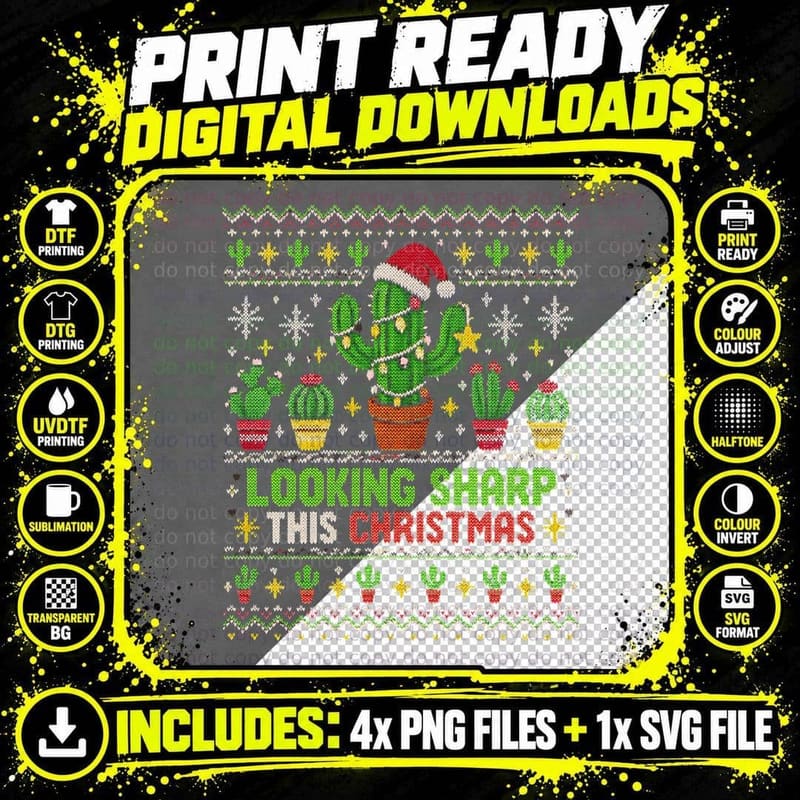 Cactus Christmas Ugly Sweater Looking Sharp Succulent Png SVG Digital Bundle