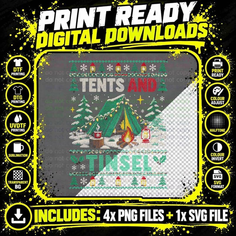 Camping Tent Tinsel Christmas Ugly Sweater Camper Gift Png SVG Digital Bundle