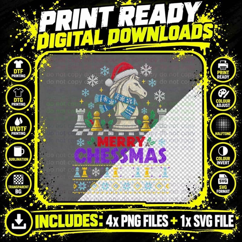 Chess Knight Christmas Ugly Sweater Merry Chessmas Png SVG Digital Bundle