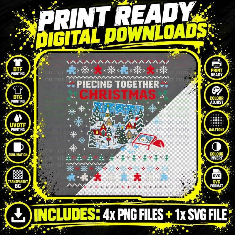 Christmas Jigsaw Puzzle Ugly Sweater Snowy Village Png SVG Digital Bundle