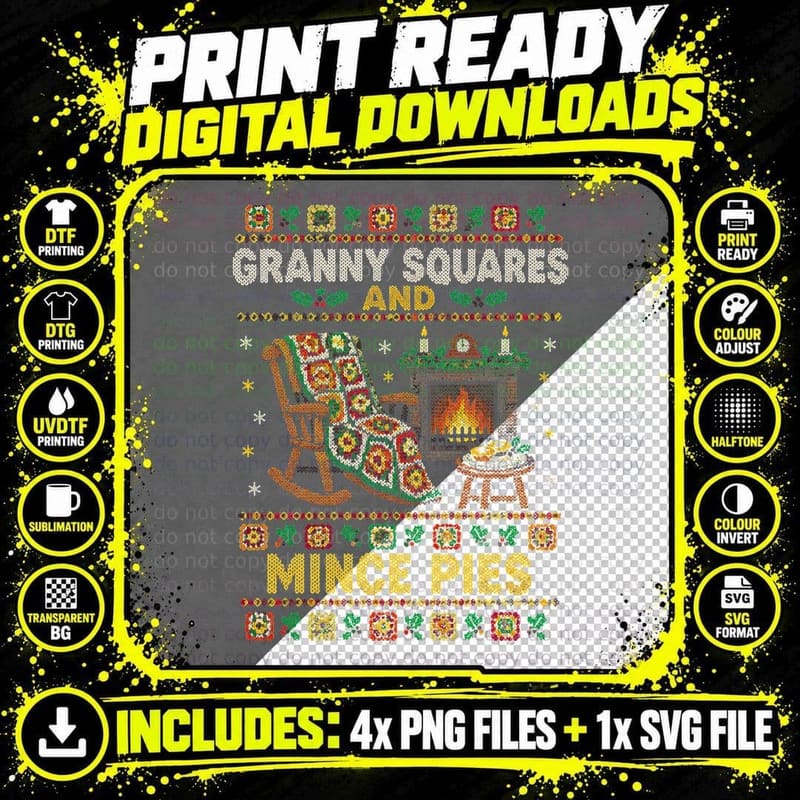 Granny Square Blanket Crochet Xmas Jumper Mince Pies Png SVG Digital Bundle