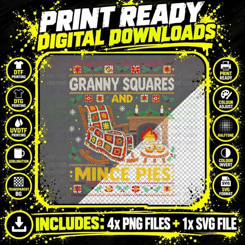 Granny Squares Mince Pies Crochet Christmas Ugly Sweater Png SVG Digital Bundle