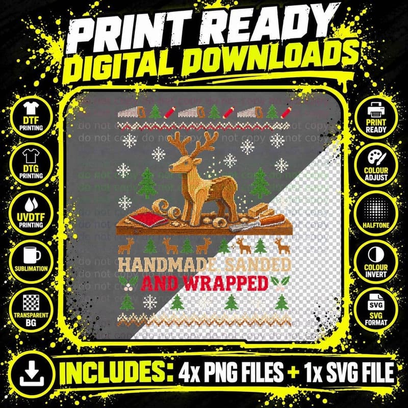 Handmade Reindeer Woodworking Ugly Sweater Rustic Png SVG Digital Bundle