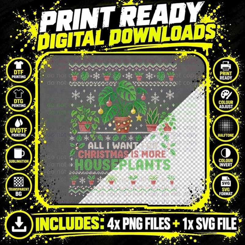 Houseplant Lover Christmas Ugly Sweater Plant Mum Gift Png SVG Digital Bundle